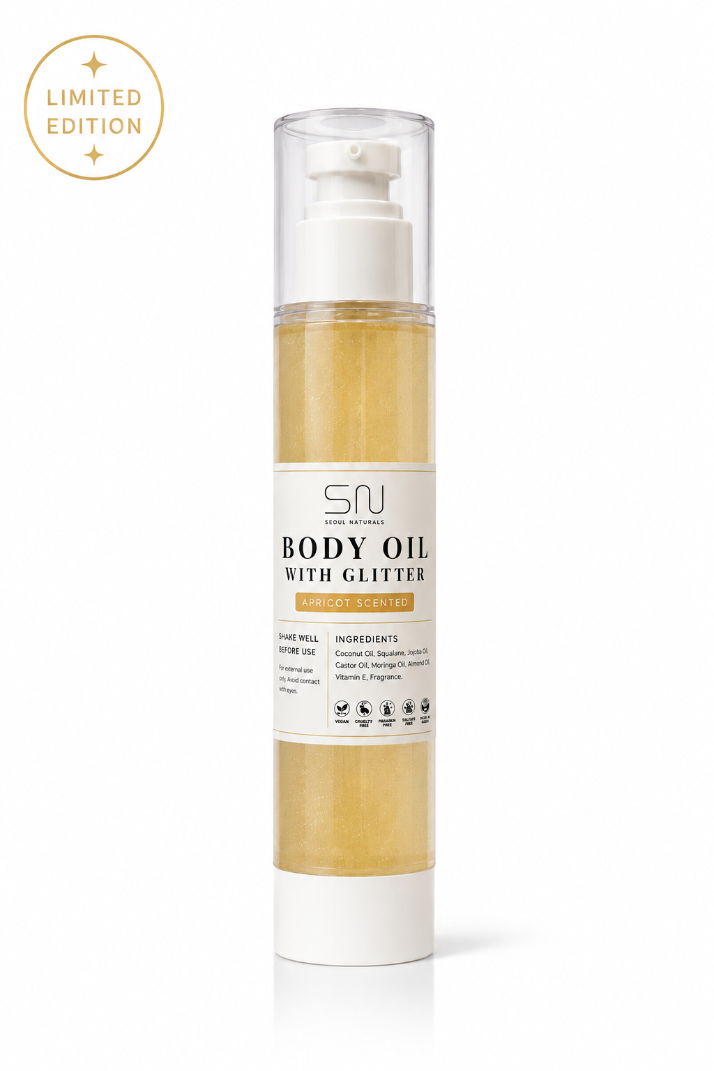 Limited Edition Lightweight Body Glow Oil with Fine Gold Shimmer, Apricot Scented, 4oz