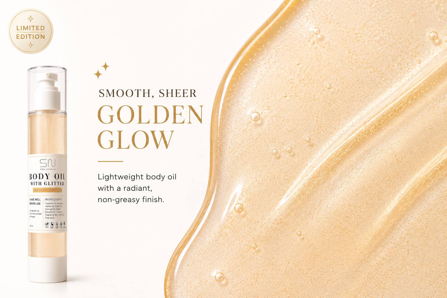 Limited Edition Lightweight Body Glow Oil with Fine Gold Shimmer, Apricot Scented, 4oz