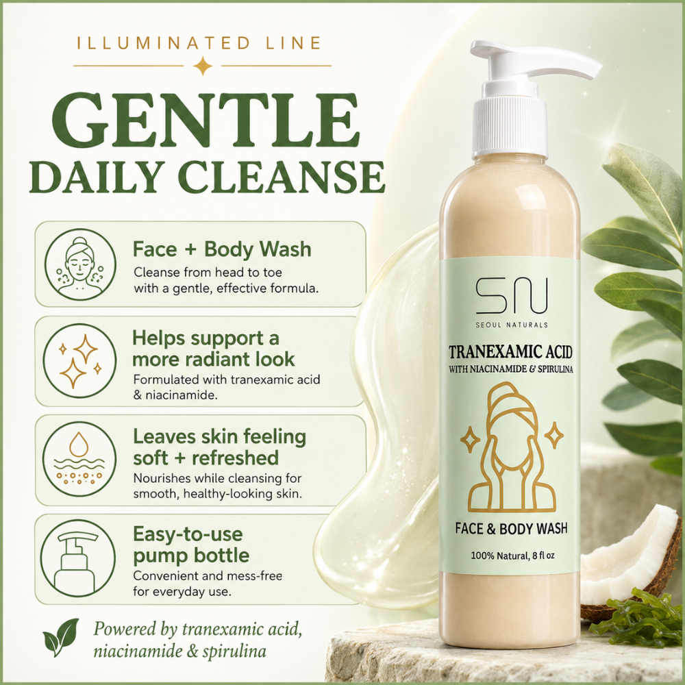 Seoul Naturals Tranexamic Acid Face Wash with Licorice Root and Spirulina, Natural Facial Cleanser, 8oz, k beauty