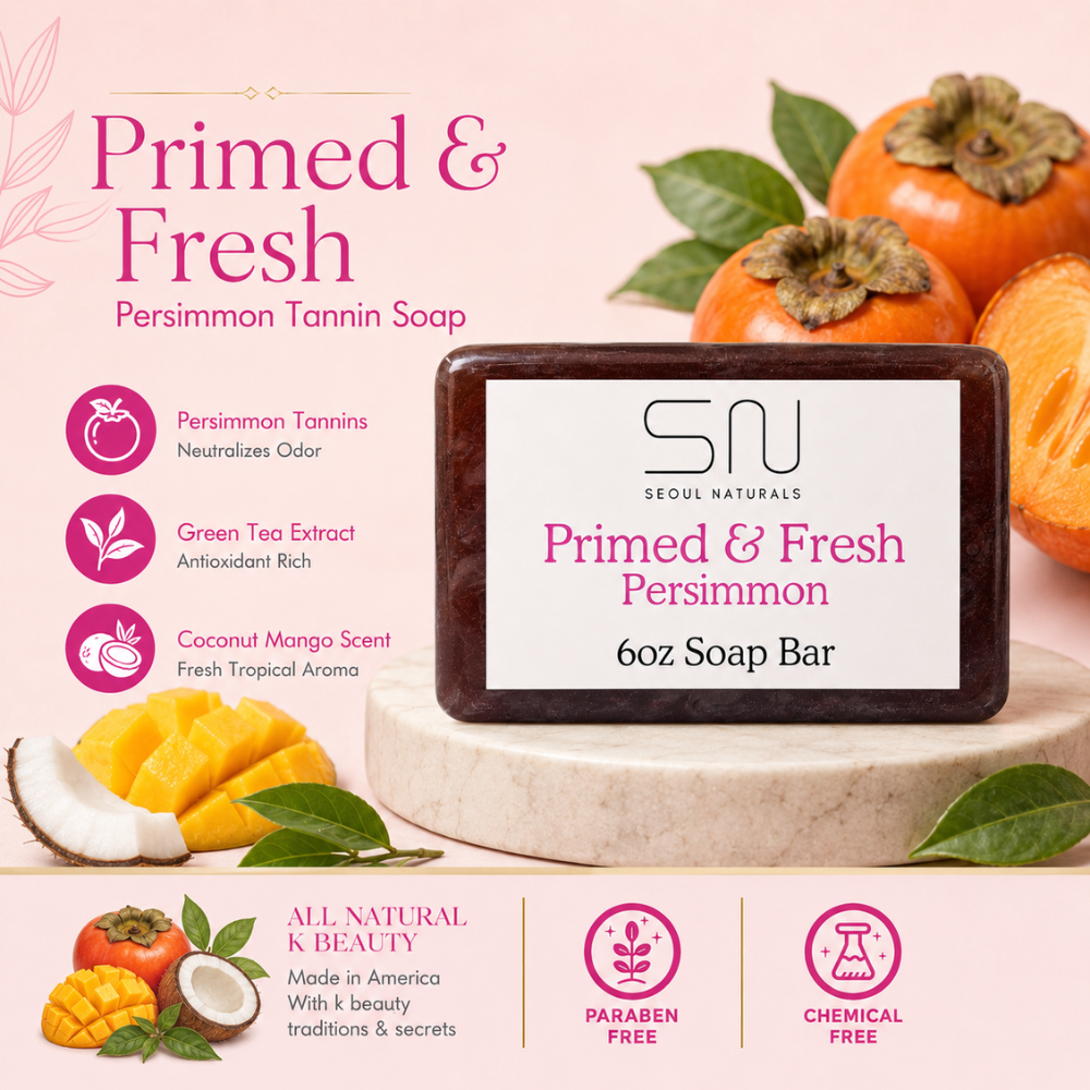 Seoul Naturals Primed & Fresh Persimmon Soap Bar, Green Tea Scented, Nonenal Odor Neutralizer, k beauty, 6 oz