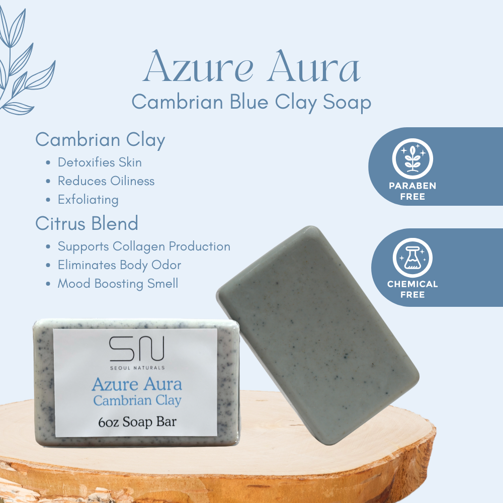 Seoul Naturals Azure Aura Cambrian Blue Clay Soap, Citrus, Ginger, Sandalwood, and Vetiver, 6 oz