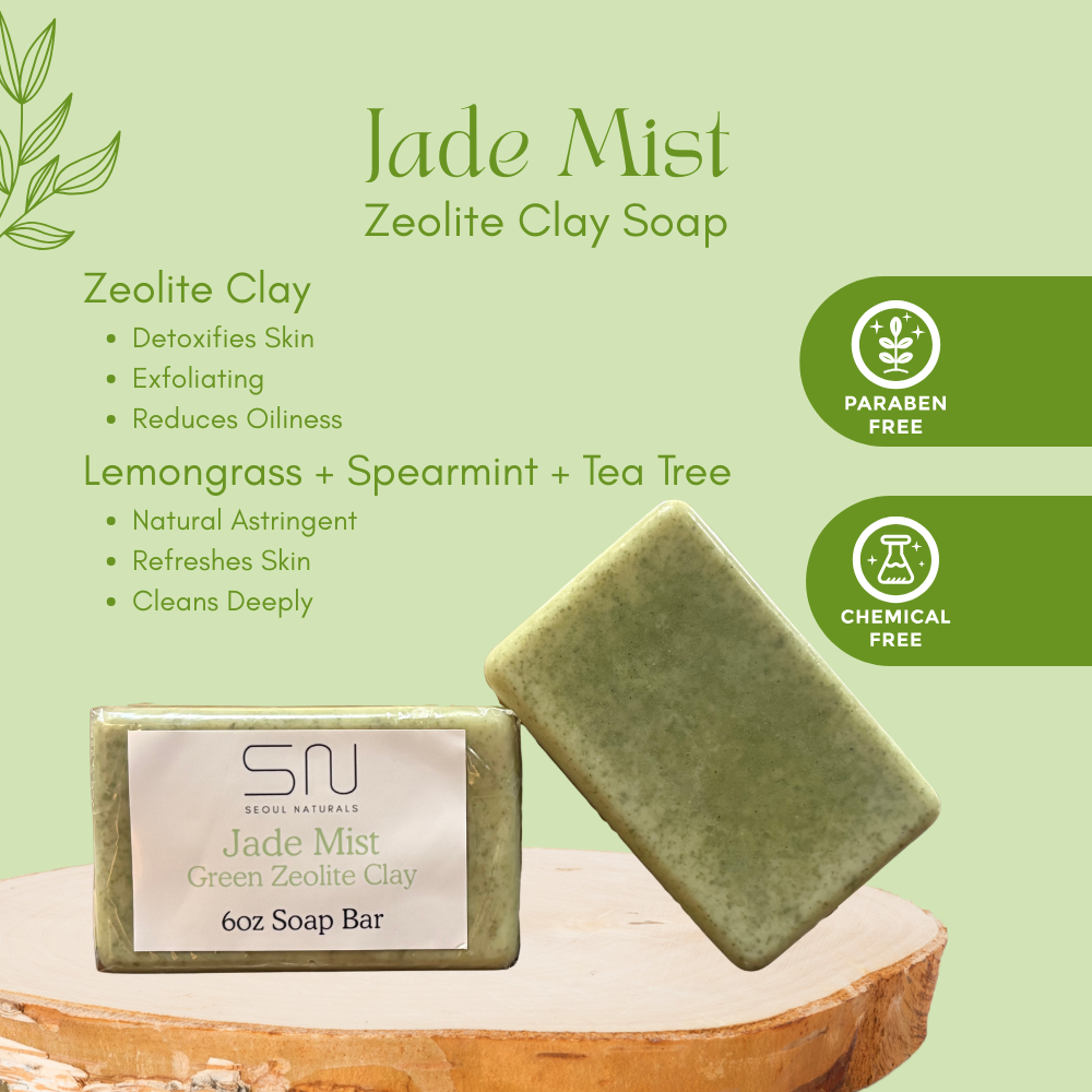 Seoul Naturals Jade Mist Green Zeolite Clay Soap with Mint, Tea Tree and Lemongrass for Nourishing, Deep Cleansing and Aromatherapy, k beauty inspired, 6 oz