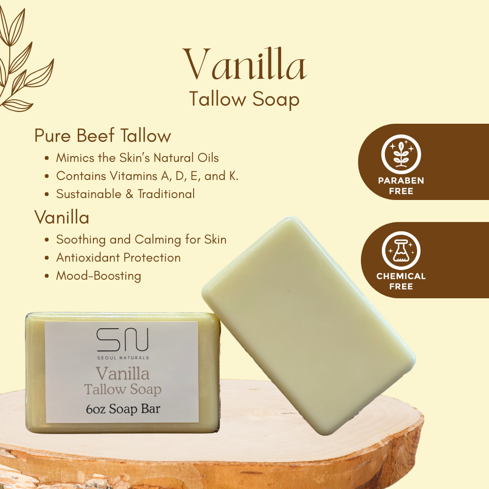 Seoul Naturals Vanilla Tallow Soap, Hydrating Cleanse, k beauty inspired, 6 oz