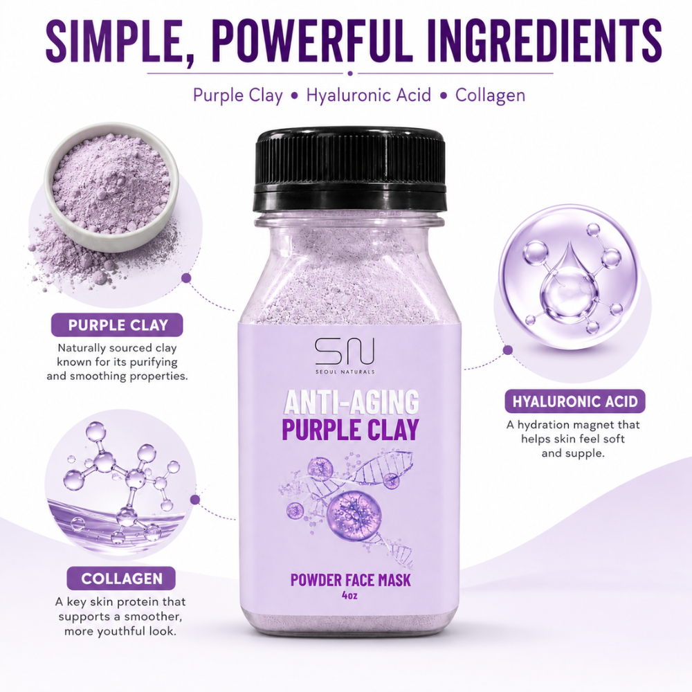 Seoul Naturals Purple Clay Face Mask Powder, 100% Natural Ingredients, K Beauty, 4fl oz