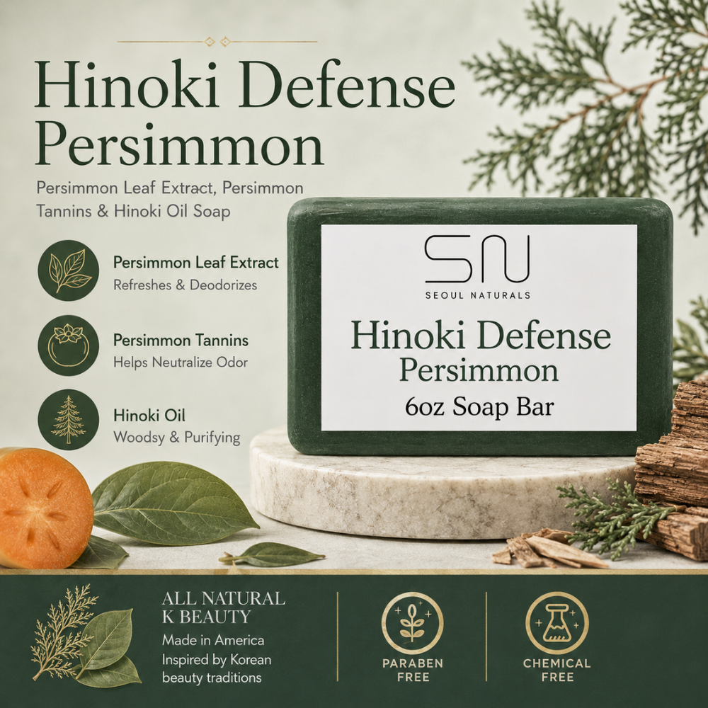 Seoul Naturals Hinoki Defense Persimmon Bar Soap with Persimmon Leaf Extract, Persimmon Tannins and Hinoki Oil, Woodsy Deodorizing Body Soap, k beauty inspired, 6oz