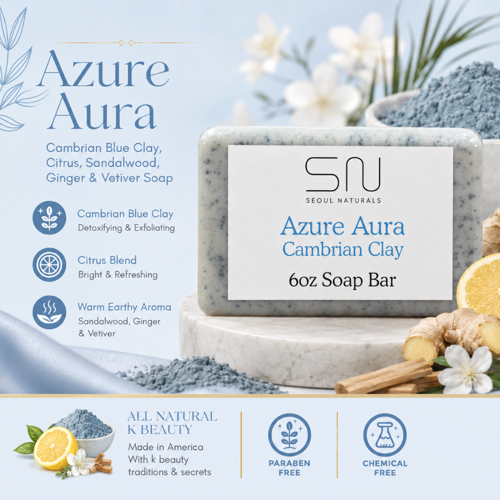 Seoul Naturals Azure Aura Cambrian Blue Clay Soap, Citrus, Ginger, Sandalwood, and Vetiver, 6 oz