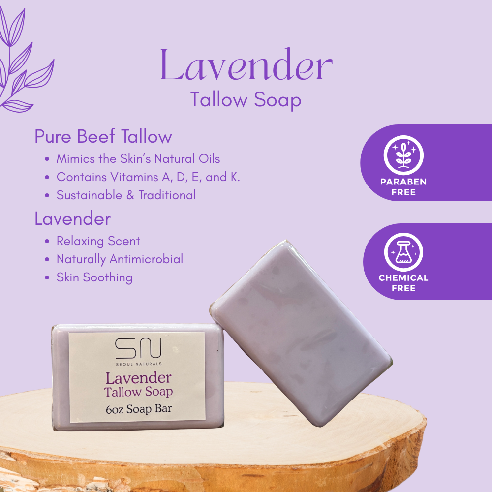 Seoul Naturals Lavender Tallow Soap for Skin Cleansing, Handmade, Hydrating, k beauty inspired, 6 oz