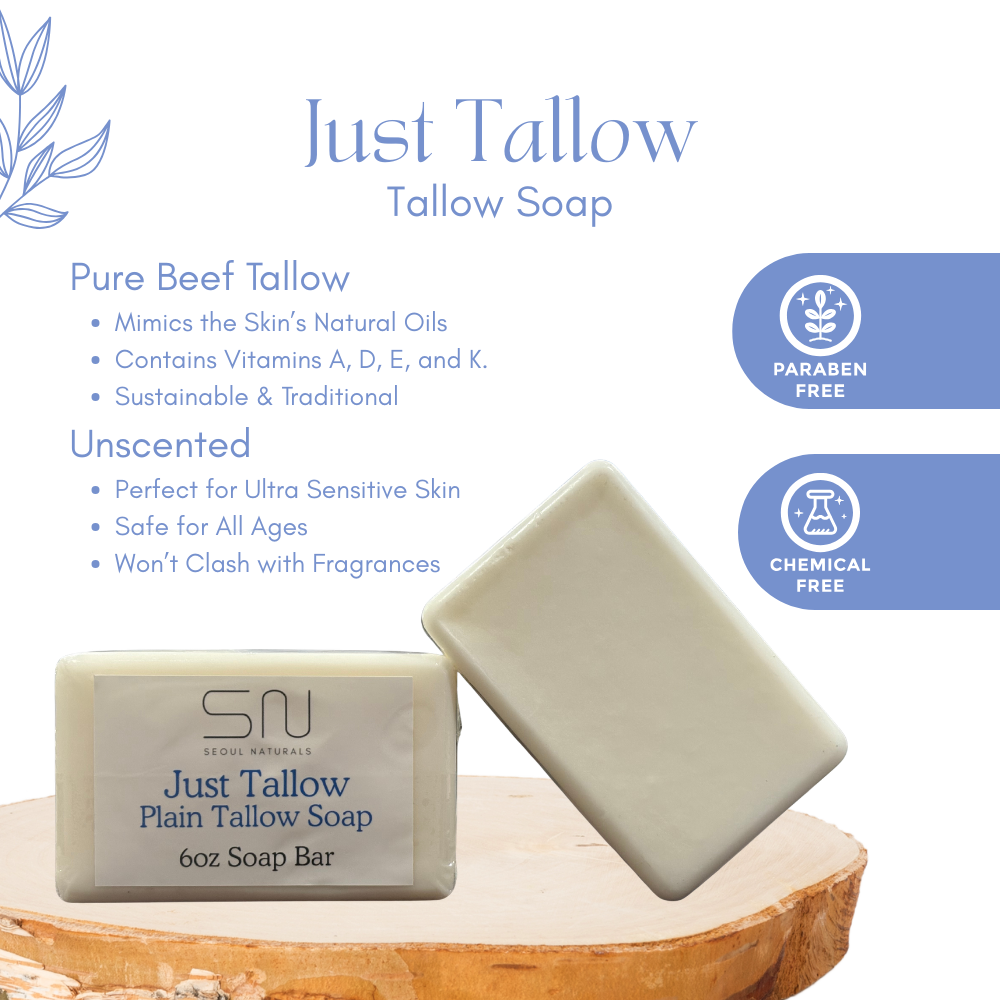 Seoul Naturals Just Tallow Soap, Unscented, Skin Cleanser for Face and Body, k beauty inspired, 6oz