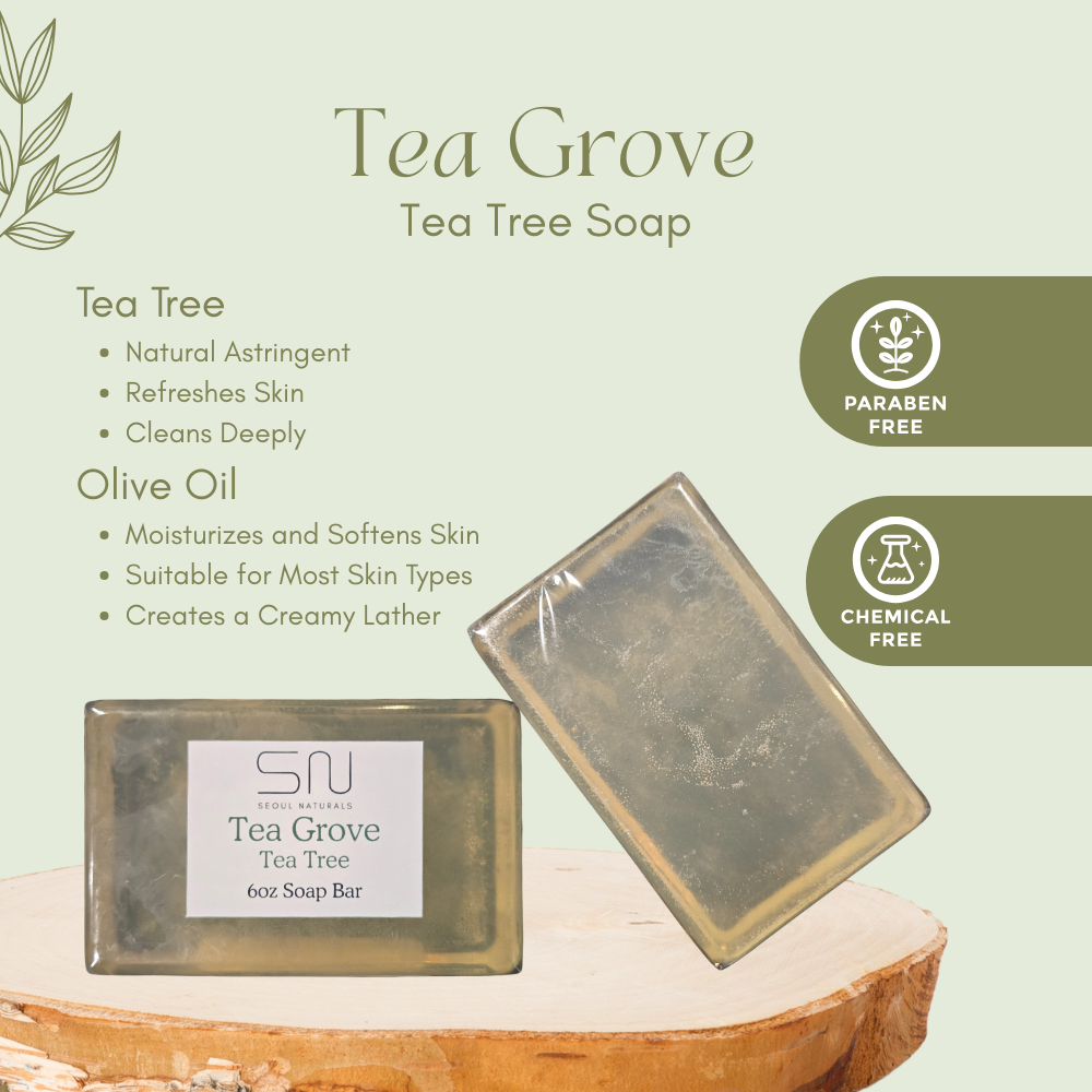 Seoul Naturals Tea Grove Tea Tree Soap Bar, Natural Olive Oil Base, k beauty, 6 oz, Deep Cleansing