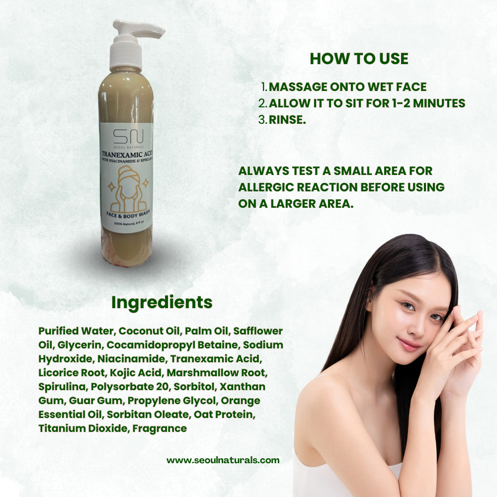 Seoul Naturals Tranexamic Acid Face Wash with Licorice Root and Spirulina, Natural Facial Cleanser, 8oz, k beauty