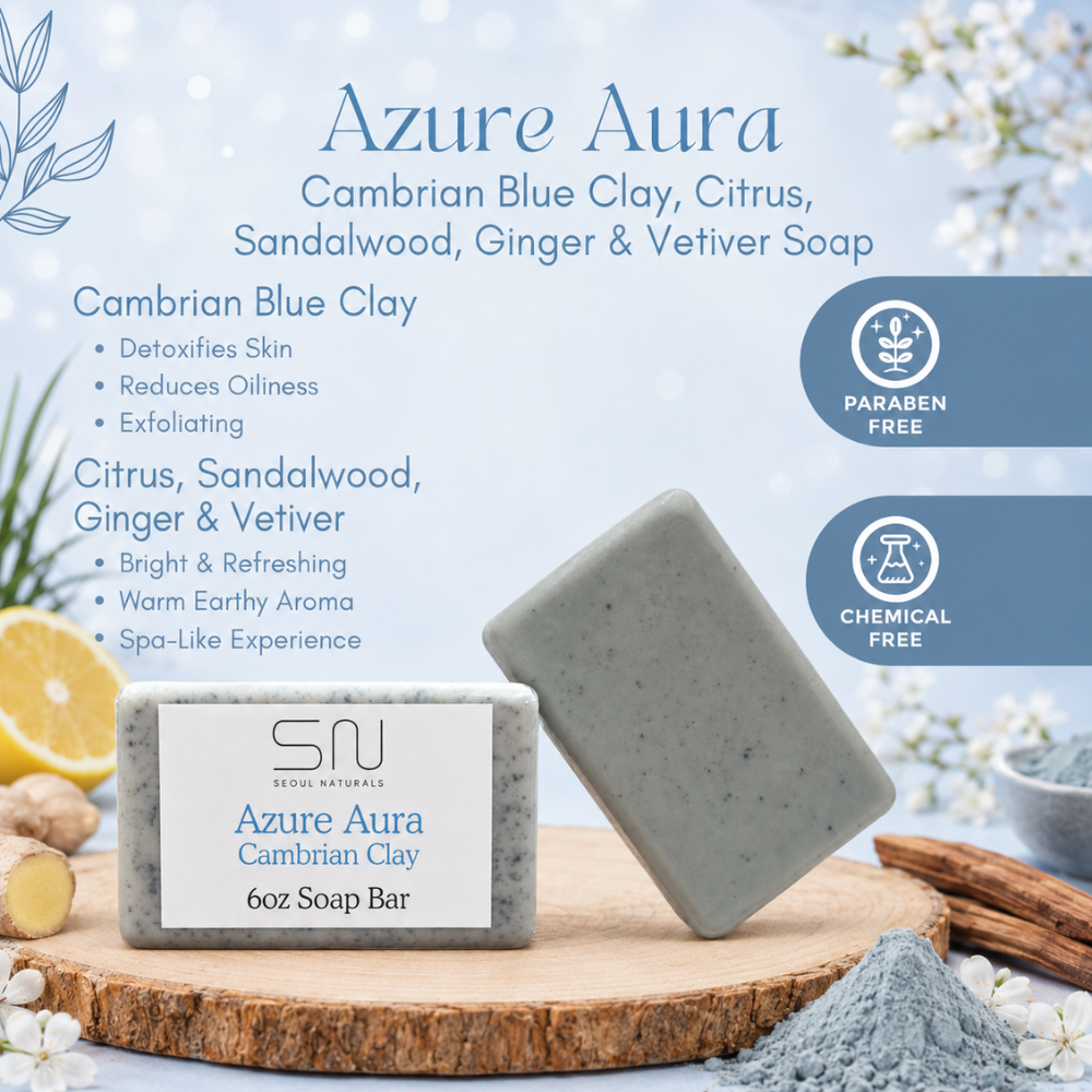 Seoul Naturals Azure Aura Cambrian Blue Clay Soap, Citrus, Ginger, Sandalwood, and Vetiver, 6 oz