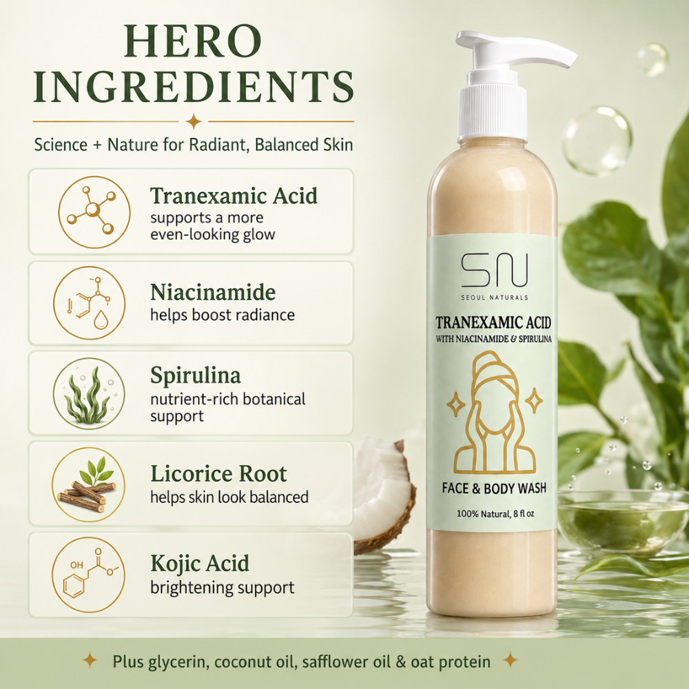 Seoul Naturals Tranexamic Acid Face Wash with Licorice Root and Spirulina, Natural Facial Cleanser, 8oz, k beauty