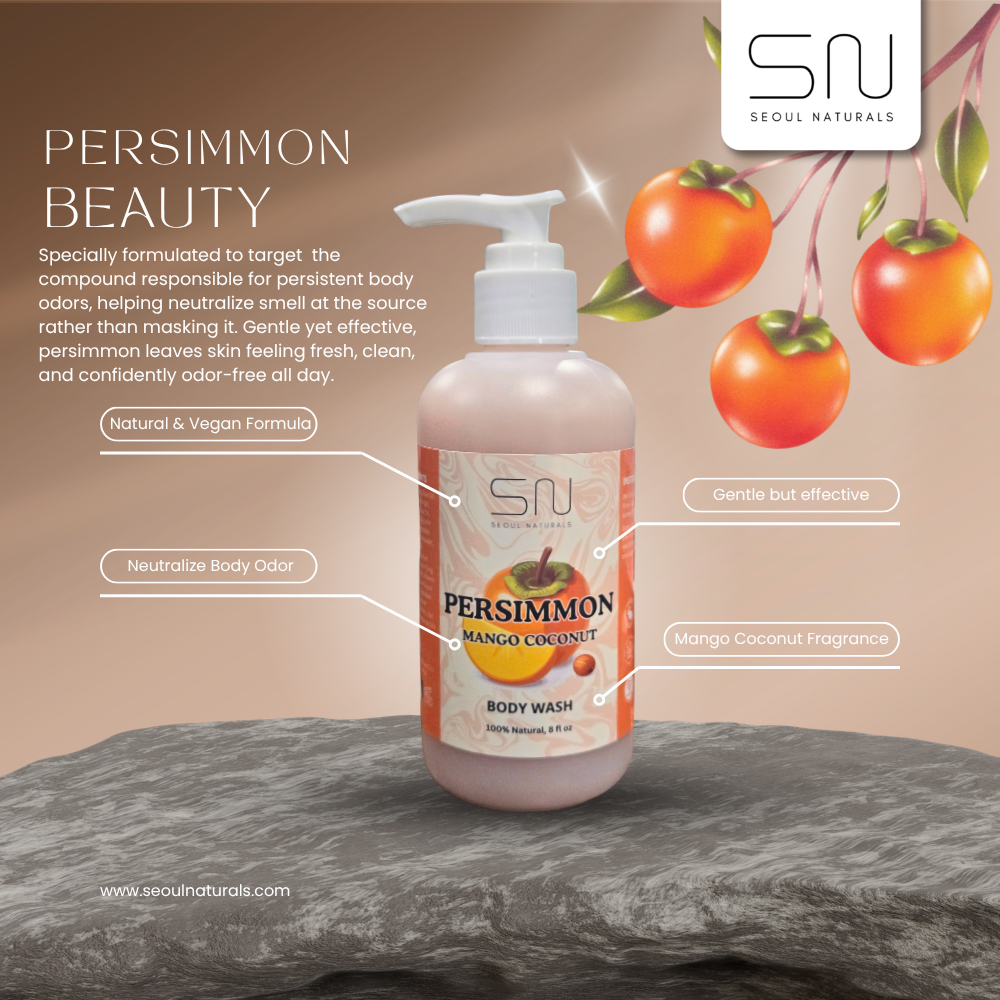 Body Odor Fighting Persimmon Vegan Body Wash - Vegan Persimmon Coconut Oil and Mango - K-Beauty Inspired - 8oz, Helps with Nonenal