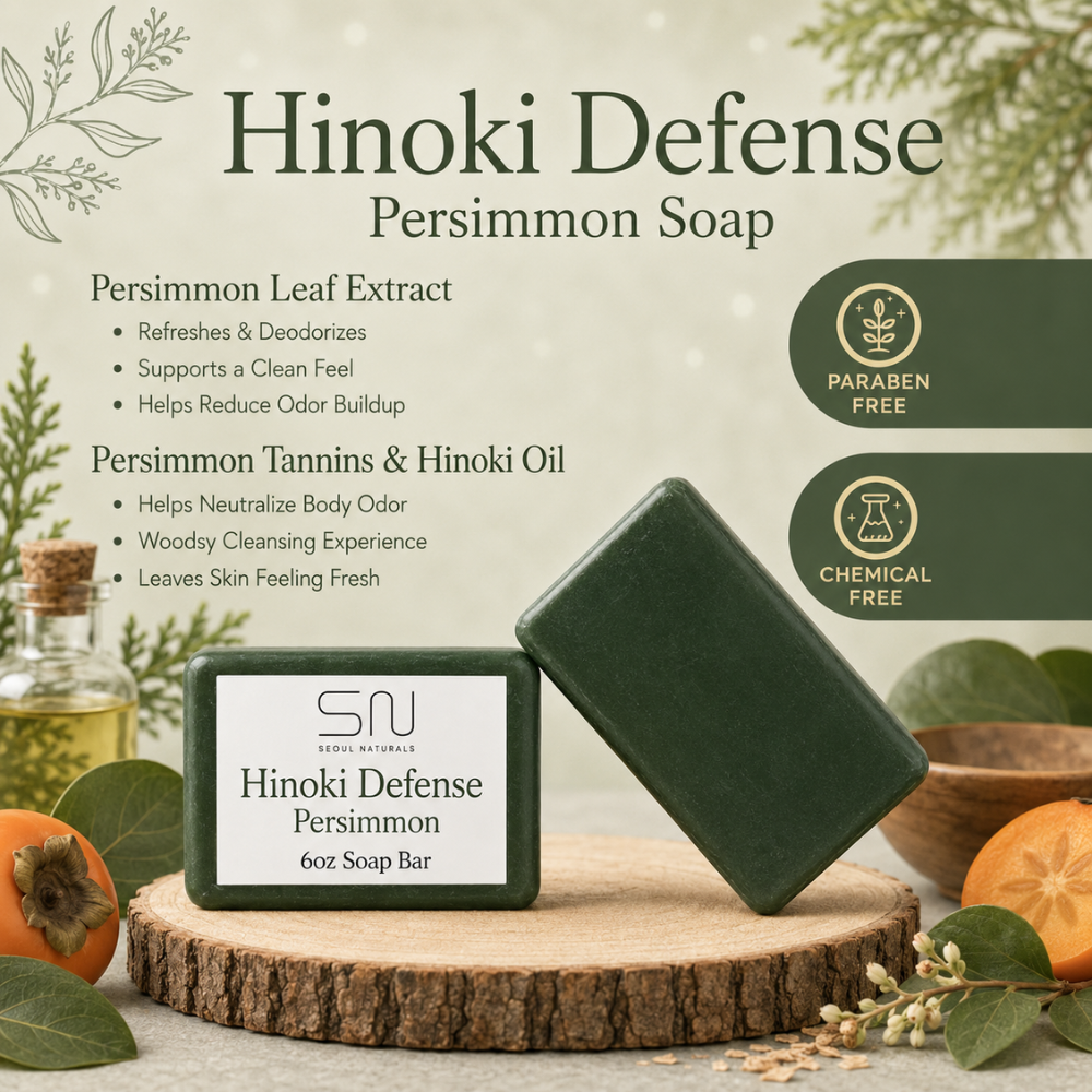 Seoul Naturals Hinoki Defense Persimmon Bar Soap with Persimmon Leaf Extract, Persimmon Tannins and Hinoki Oil, Woodsy Deodorizing Body Soap, k beauty inspired, 6oz