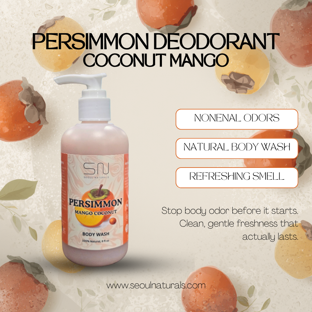 Body Odor Fighting Persimmon Vegan Body Wash - Vegan Persimmon Coconut Oil and Mango - K-Beauty Inspired - 8oz, Helps with Nonenal