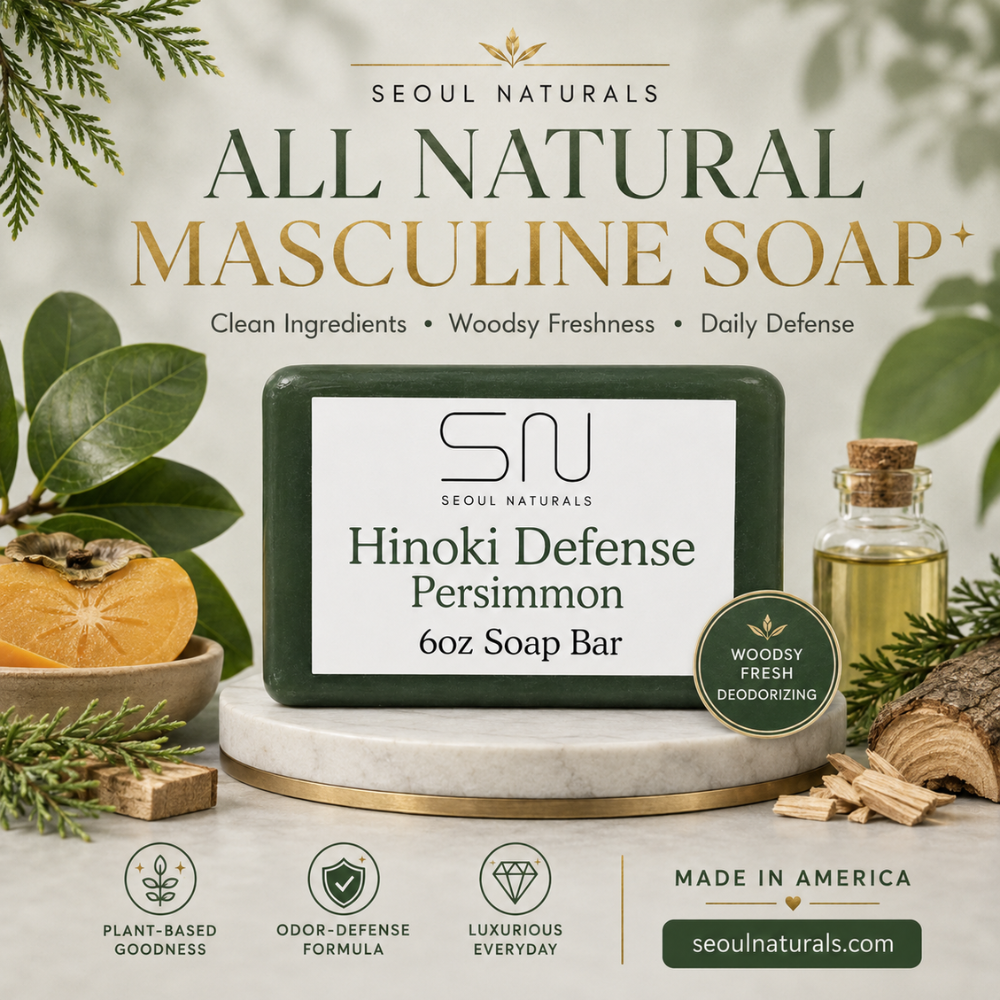 Seoul Naturals Hinoki Defense Persimmon Bar Soap with Persimmon Leaf Extract, Persimmon Tannins and Hinoki Oil, Woodsy Deodorizing Body Soap, k beauty inspired, 6oz