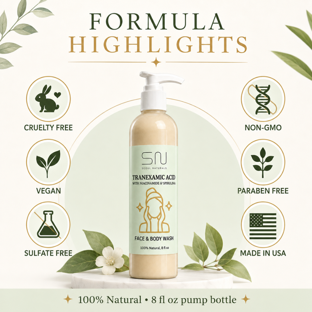 Seoul Naturals Tranexamic Acid Face Wash with Licorice Root and Spirulina, Natural Facial Cleanser, 8oz, k beauty