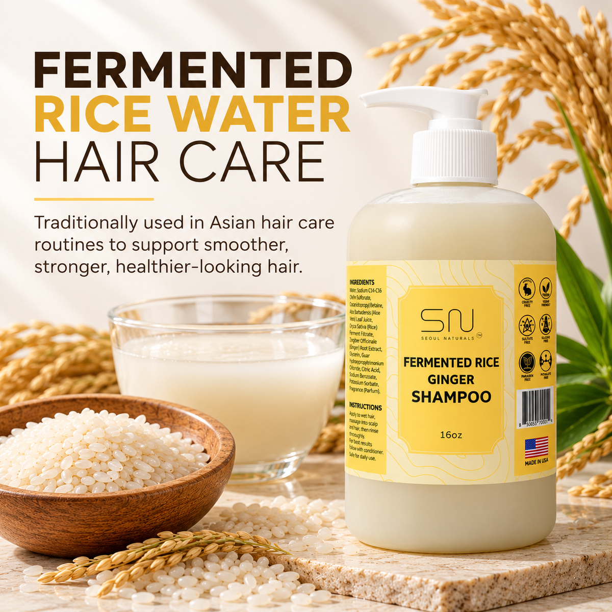 Fermented Rice Water Shampoo: Raw Ginger & Aloe Vera, 8oz
