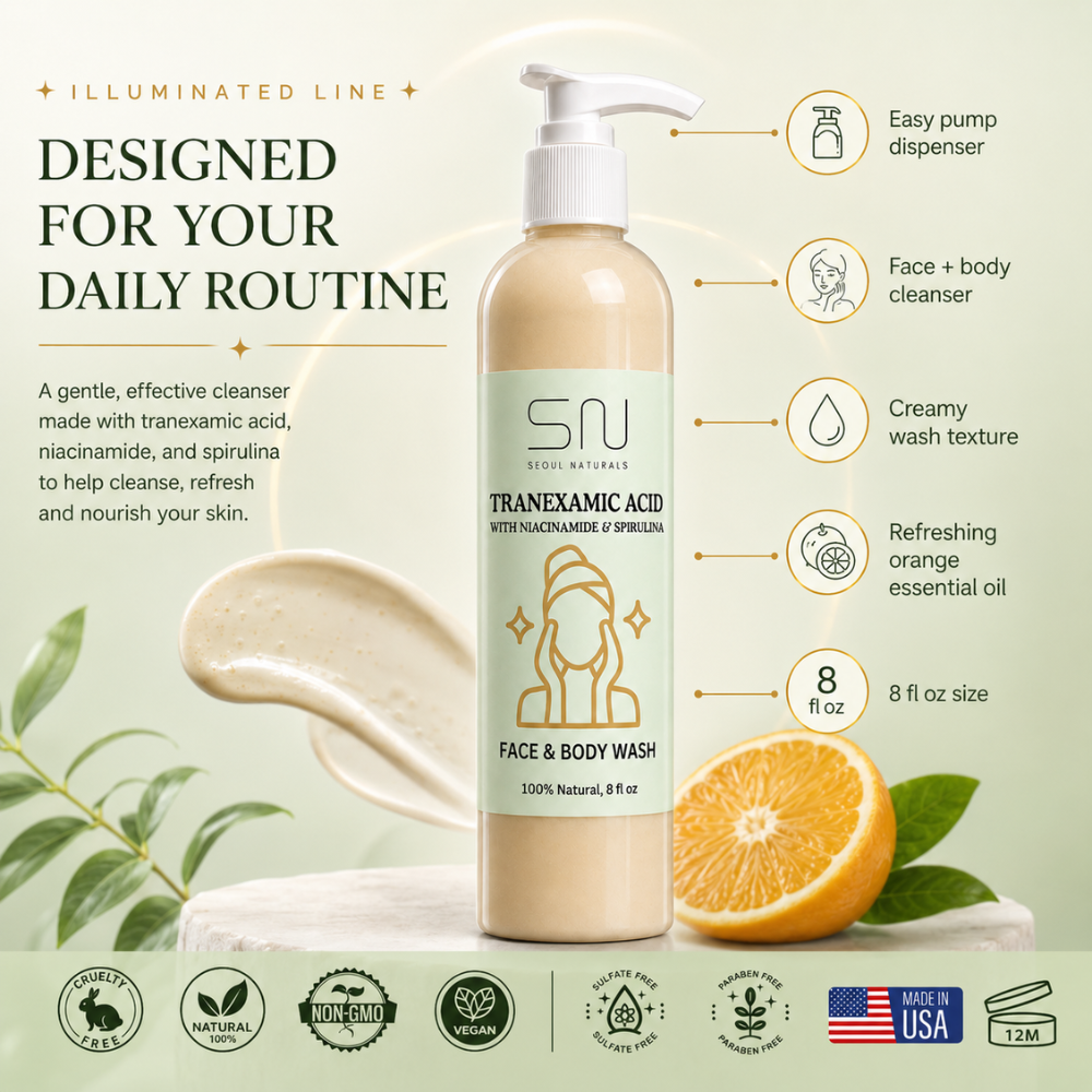 Seoul Naturals Tranexamic Acid Face Wash with Licorice Root and Spirulina, Natural Facial Cleanser, 8oz, k beauty