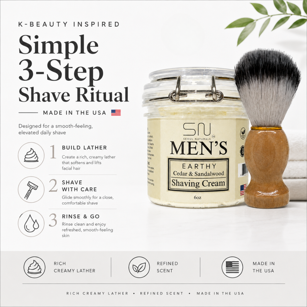 Seoul Naturals Men's Shaving Cream with Barber Brush, k beauty, 6 oz