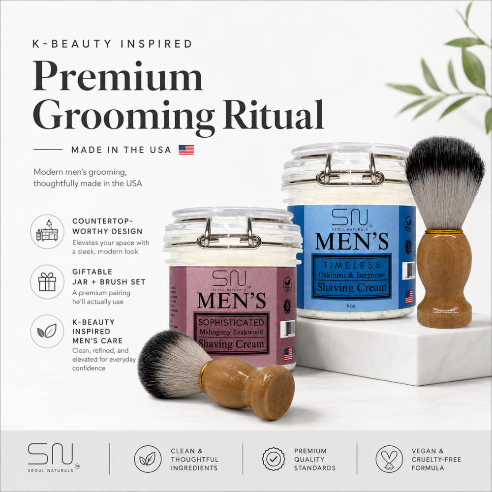 Seoul Naturals Men's Shaving Cream with Barber Brush, k beauty, 6 oz