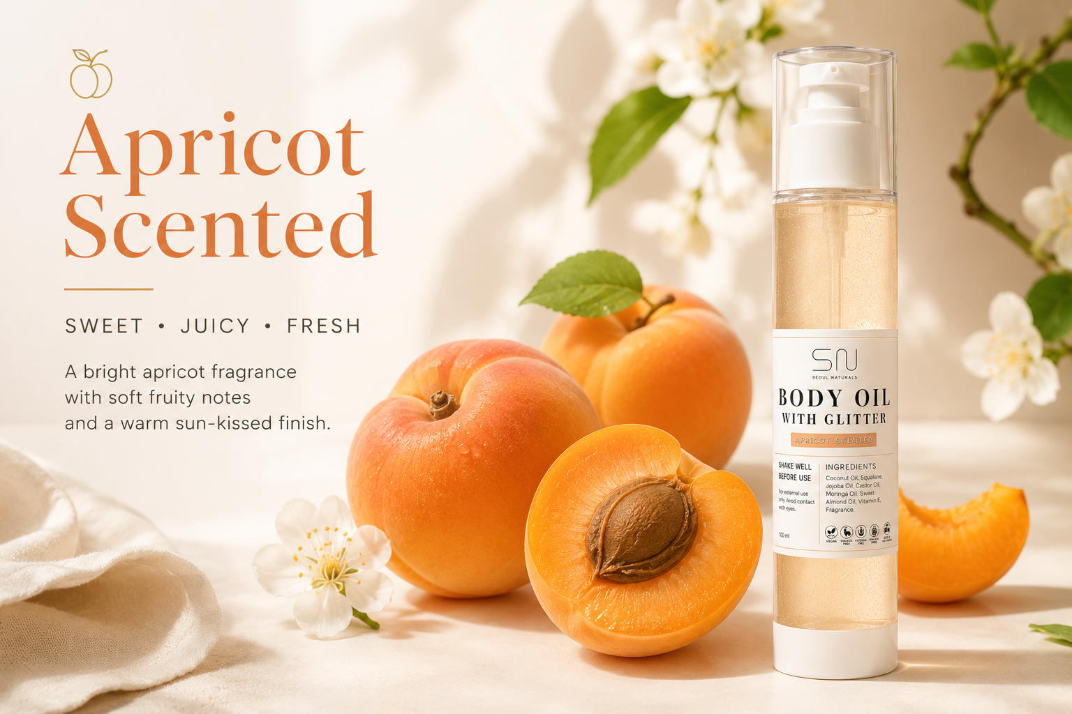 Limited Edition Lightweight Body Glow Oil with Fine Gold Shimmer, Apricot Scented, 4oz