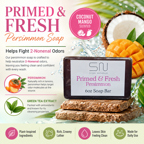 Seoul Naturals Primed & Fresh Persimmon Soap Bar, Green Tea Scented, Nonenal Odor Neutralizer, k beauty, 6 oz