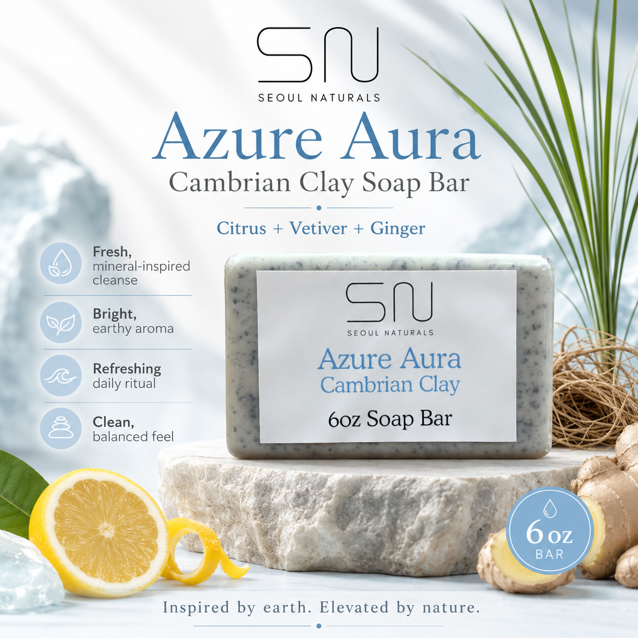 Seoul Naturals Azure Aura Cambrian Blue Clay Soap, Citrus, Ginger, Sandalwood, and Vetiver, 6 oz