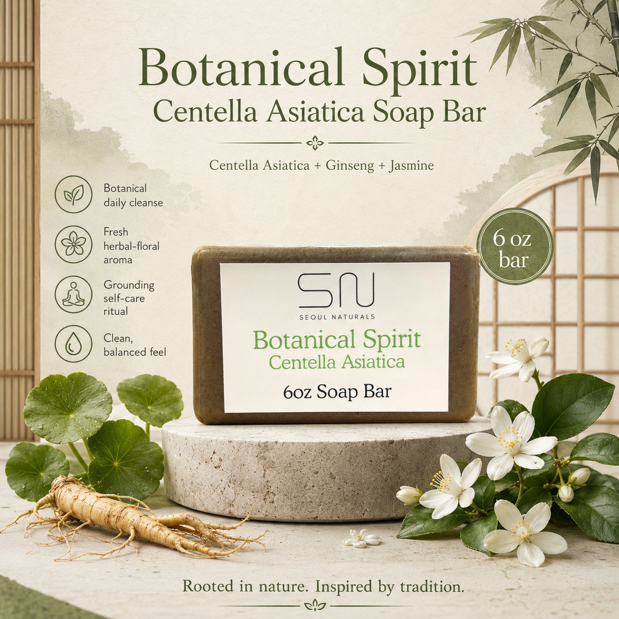 Seoul Naturals Botanical Spirit Centella Asiatica & Ginseng Soap, K Beauty, 6 oz