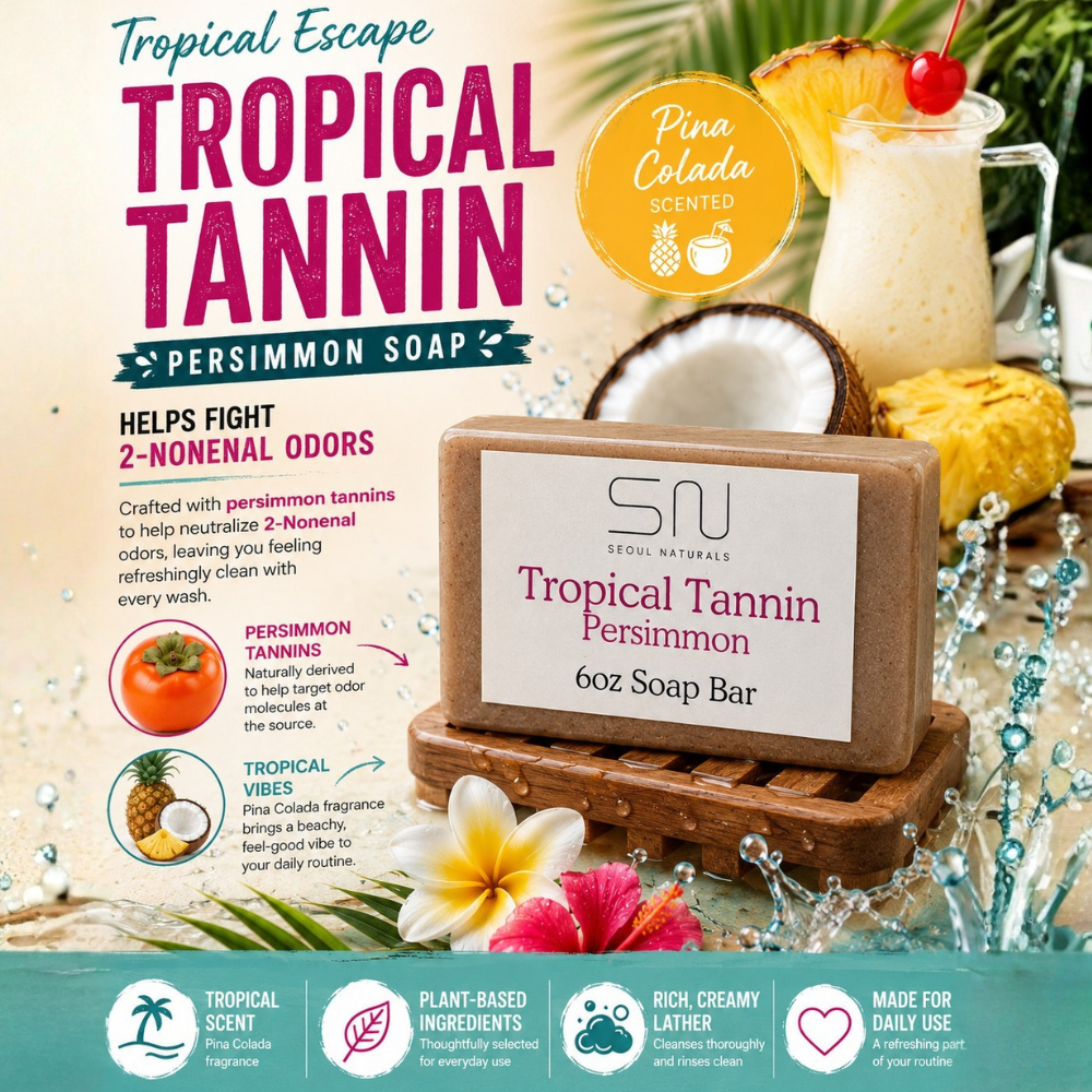 Seoul Naturals Tropical Tannin Persimmon Soap Bar, Piña Colada Scented, Nonenal Odor Neutralizer, k beauty, 6 oz