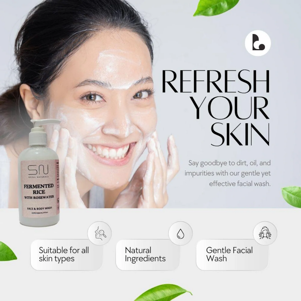 Seoul Naturals Fermented Rice Face & Body Wash with Rosewater, 100% Natural, All Skin Types, K Beauty, 8 fl oz