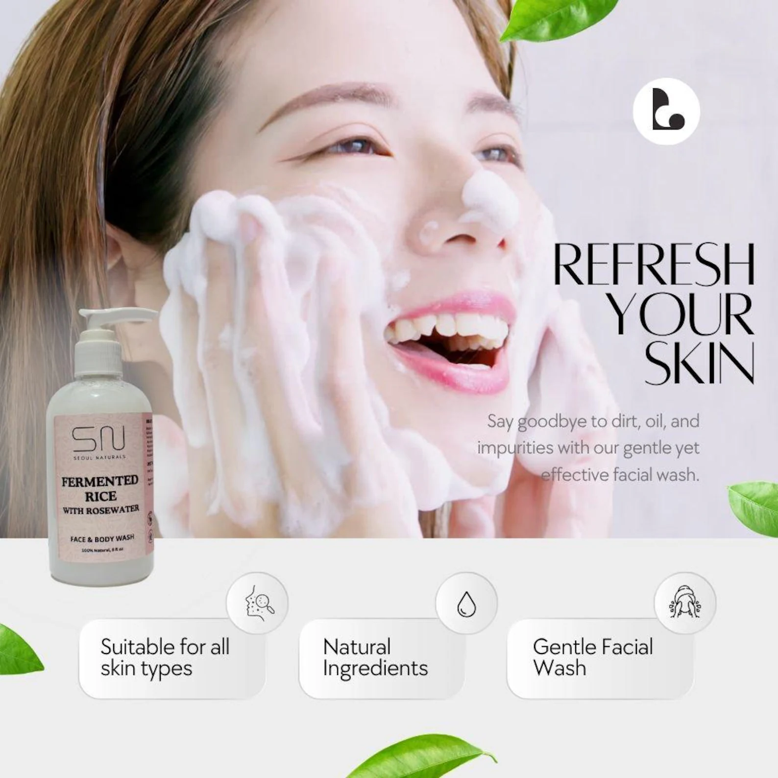 Seoul Naturals Fermented Rice Face & Body Wash with Rosewater, 100% Natural, All Skin Types, K Beauty, 8 fl oz