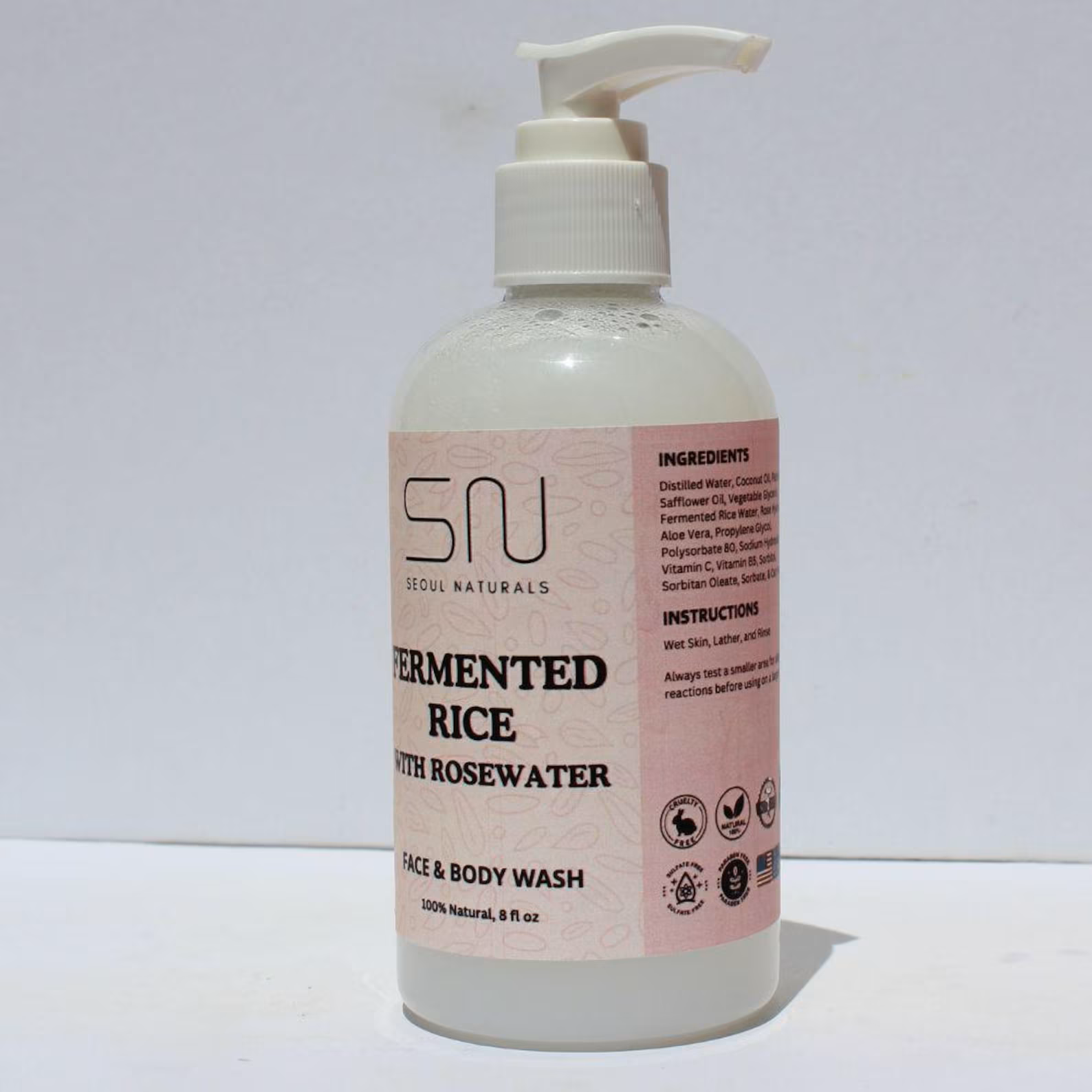Seoul Naturals Fermented Rice Face & Body Wash with Rosewater, 100% Natural, All Skin Types, K Beauty, 8 fl oz