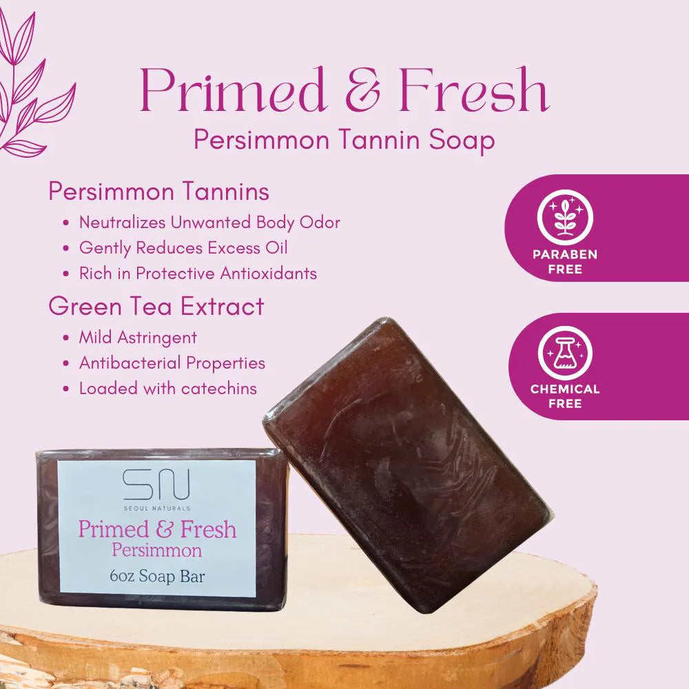 Seoul Naturals Primed & Fresh Persimmon Soap Bar, Green Tea Scented, Nonenal Odor Neutralizer, k beauty, 6 oz