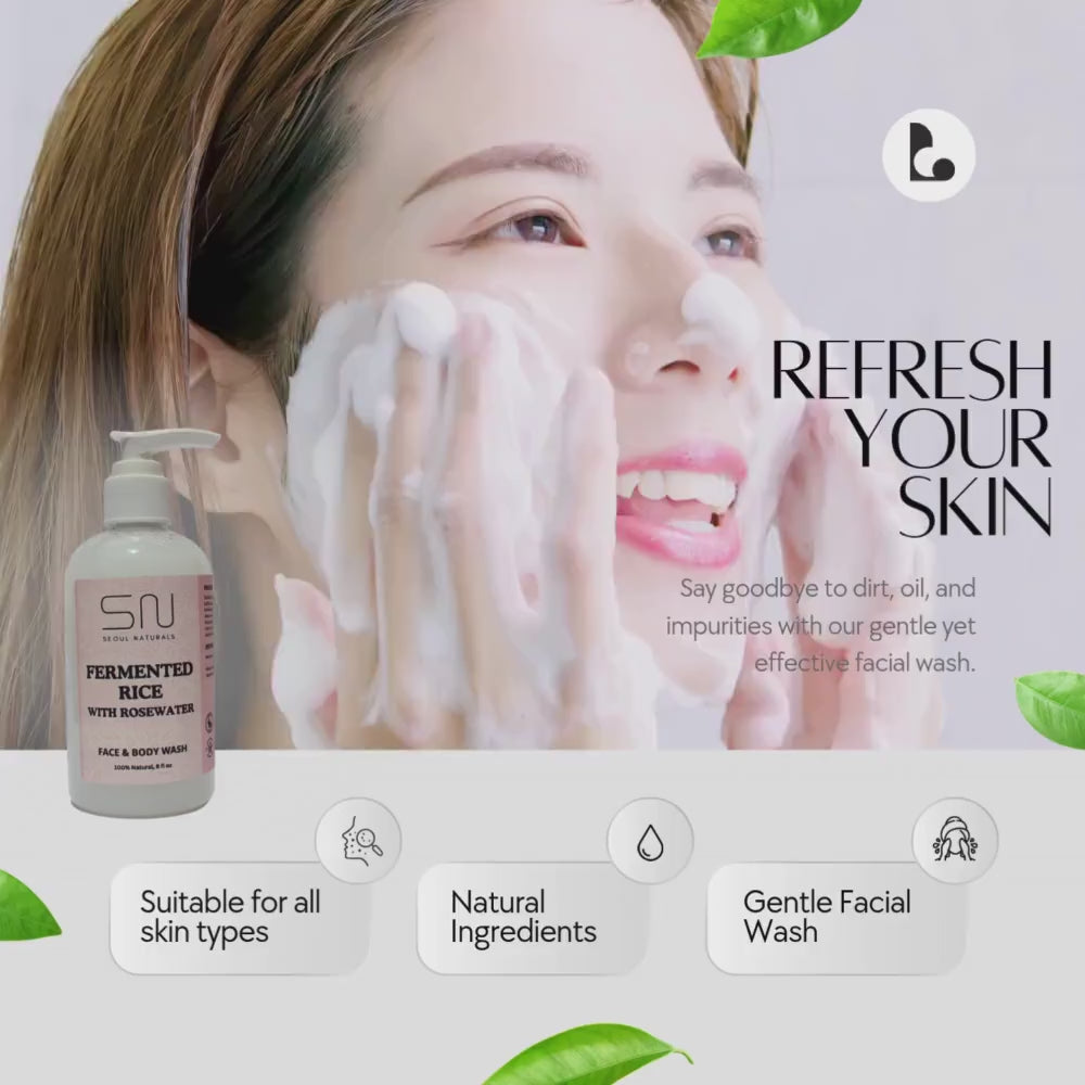 Seoul Naturals Fermented Rice Face & Body Wash with Rosewater, 100% Natural, All Skin Types, K Beauty, 8 fl oz